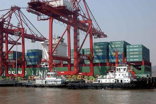 Modern container port terminal with gantry cranes
